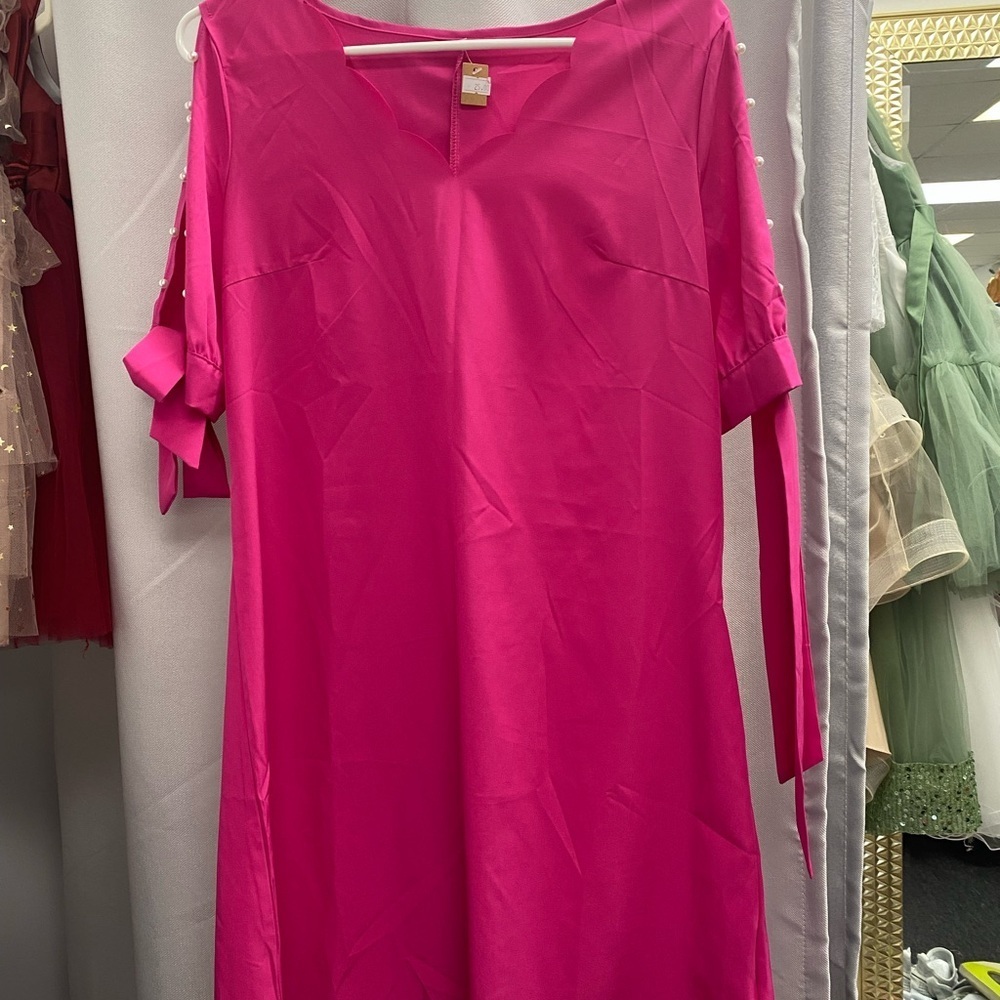 Vibrant Pink Dress with Pearl Accents